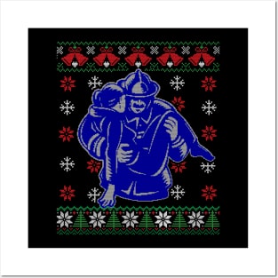 Xmas Firefighter Ugly Sweater Style Funny Xmas Gift Posters and Art